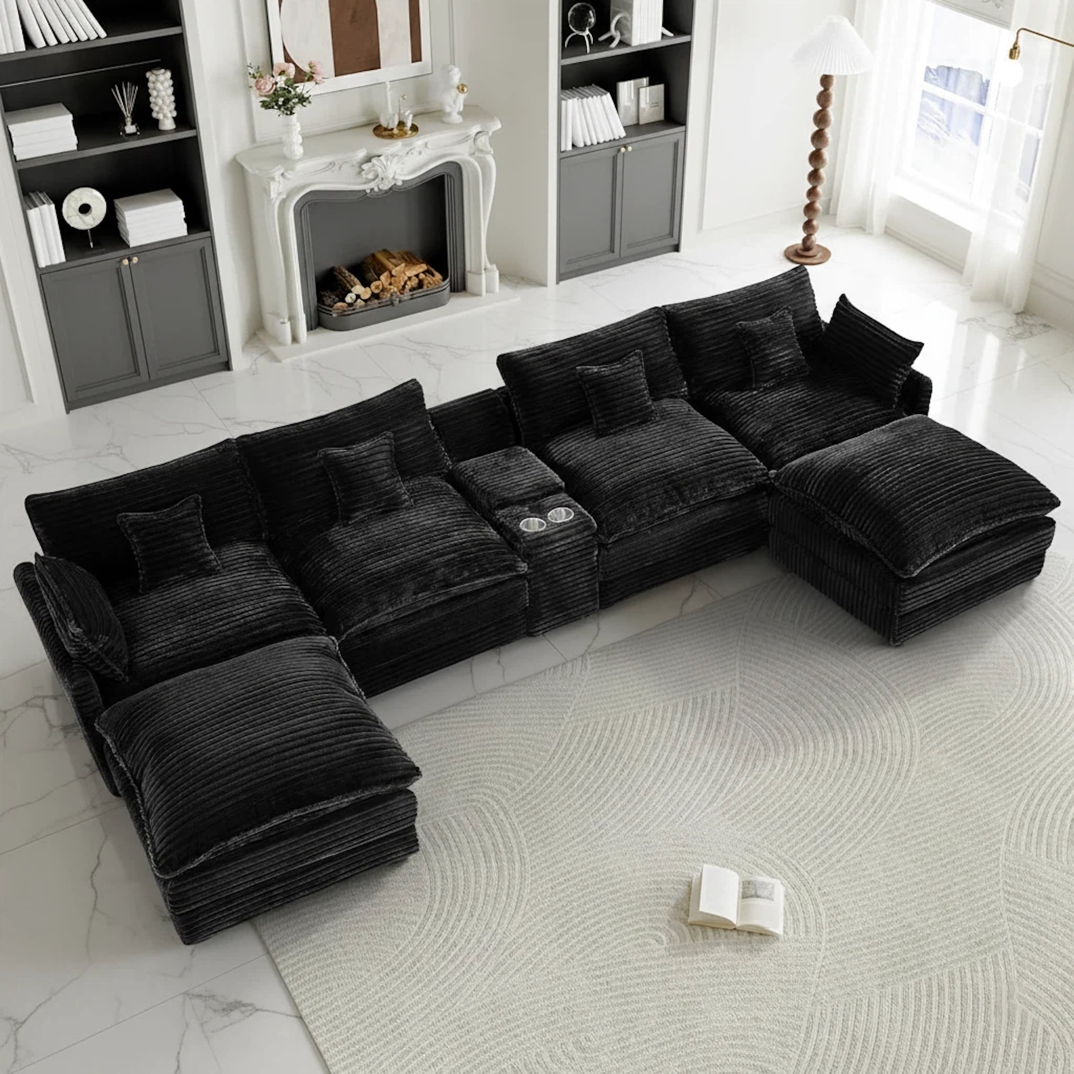 Aisword 145" U Shaped Cloud Couch Sectional with USB Charging, Hidden Storage, Cup Holders & Chenille Double Chaise, Black