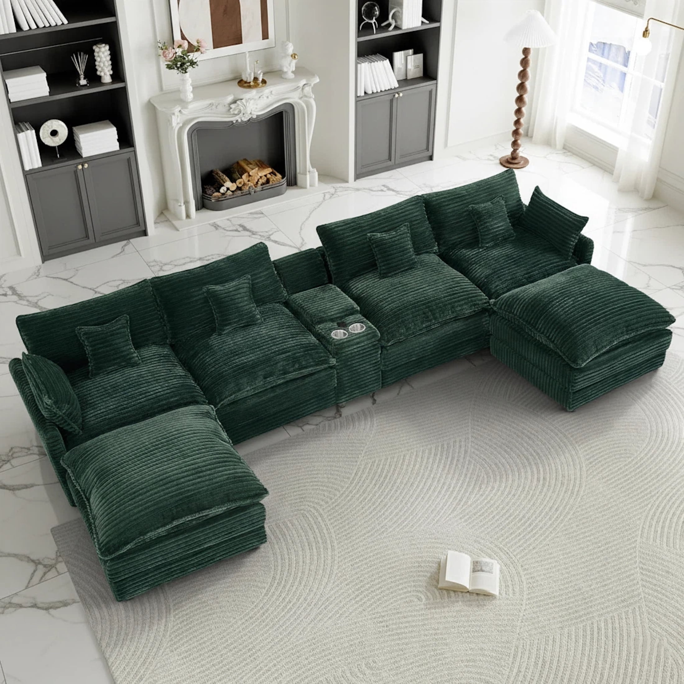 Aisword 145" U Shaped Cloud Couch Sectional with USB Charging, Hidden Storage, Cup Holders & Chenille Double Chaise, Green