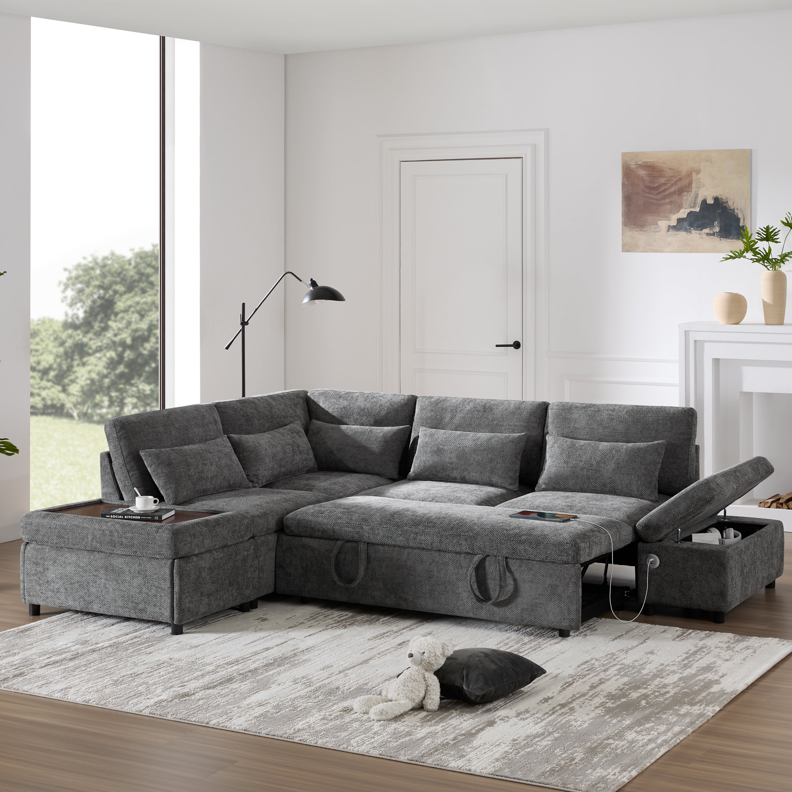 AISWORD 5 Seat L-Shaped Modular Sectional Sleeper Sofa, Pull Out Bed, Multi Storage Chaise, USB Port, Chenille Gray