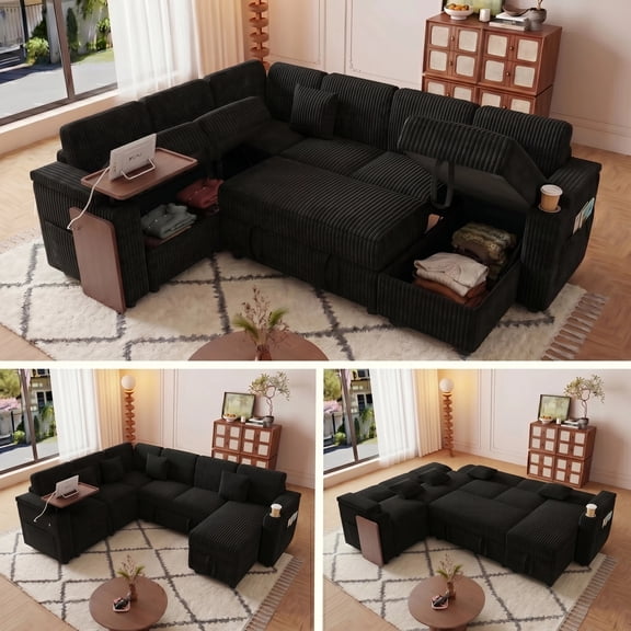 AISWORD 100" Modular U Shaped Sectional Sofa Bed with Pull Out Bed, Large 7‑Seat Convertible Couch with Storage Chaise, USB Charging Ports & Cup Holders, Black