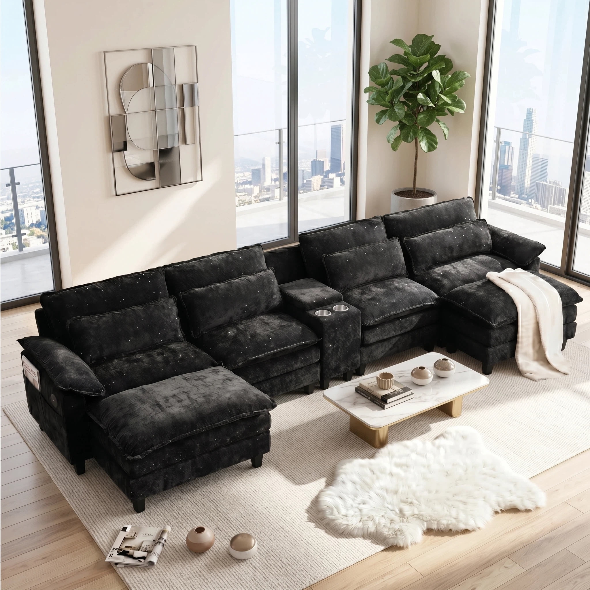 UBERLYFE 157 Inch U-Shaped Cloud Sectional Sofa, Chenille Modular Couch With Double Chaise, USB Charging Ports, Hidden Storage & Cup Holders For Living Room, Black
