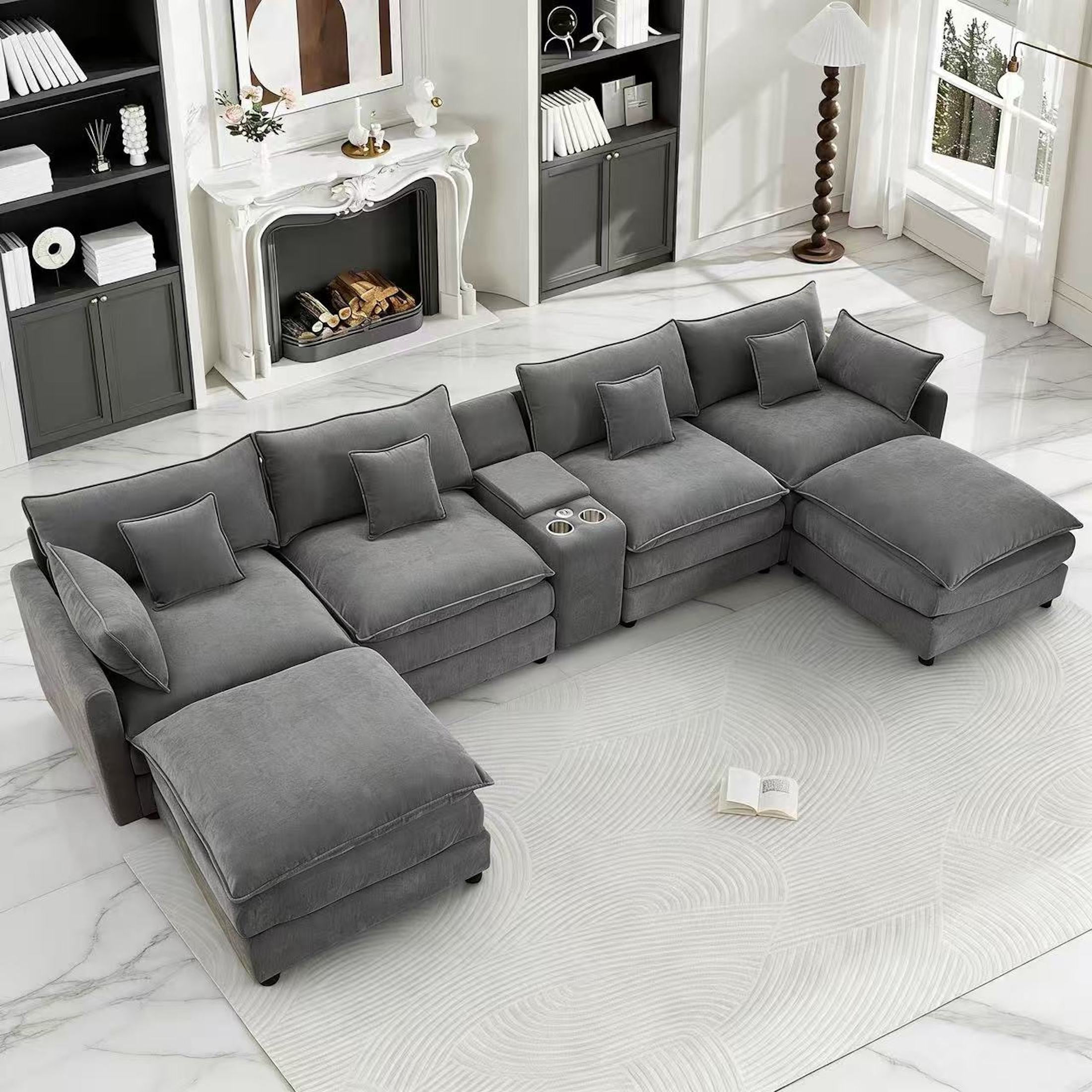 Aisword 145" U Shaped Cloud Couch Sectional with USB Charging, Hidden Storage, Cup Holders & Double Chaise, Grey