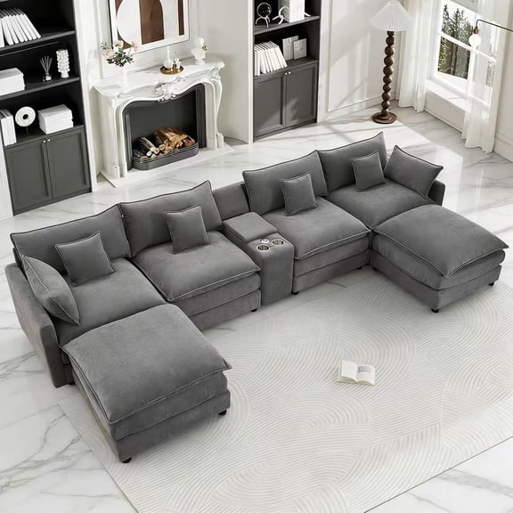 Aisword 145" U Shaped Cloud Couch Sectional with USB Charging, Hidden Storage, Cup Holders & Double Chaise, Grey