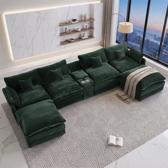Vinform 145" U Shaped Cloud Couch Sectional with USB Charging, Hidden Storage, Cup Holders & Double Chaise, Green
