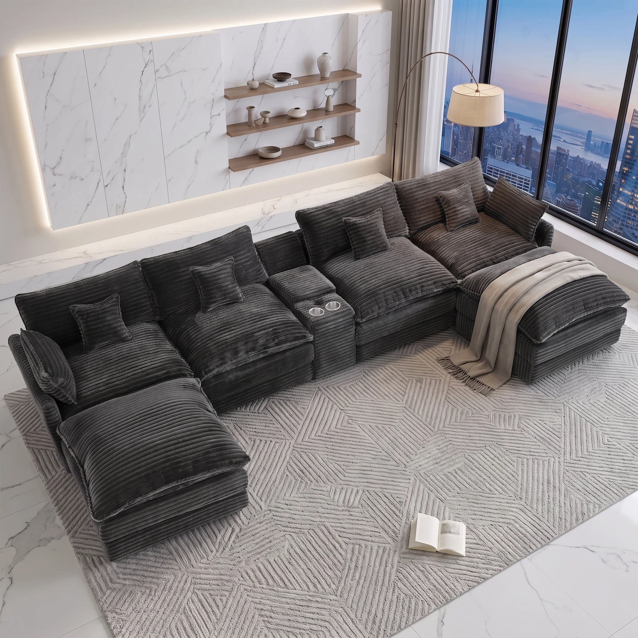 Vinform 145" U Shaped Cloud Couch Sectional with USB Charging, Hidden Storage, Cup Holders & Double Chaise, Grey