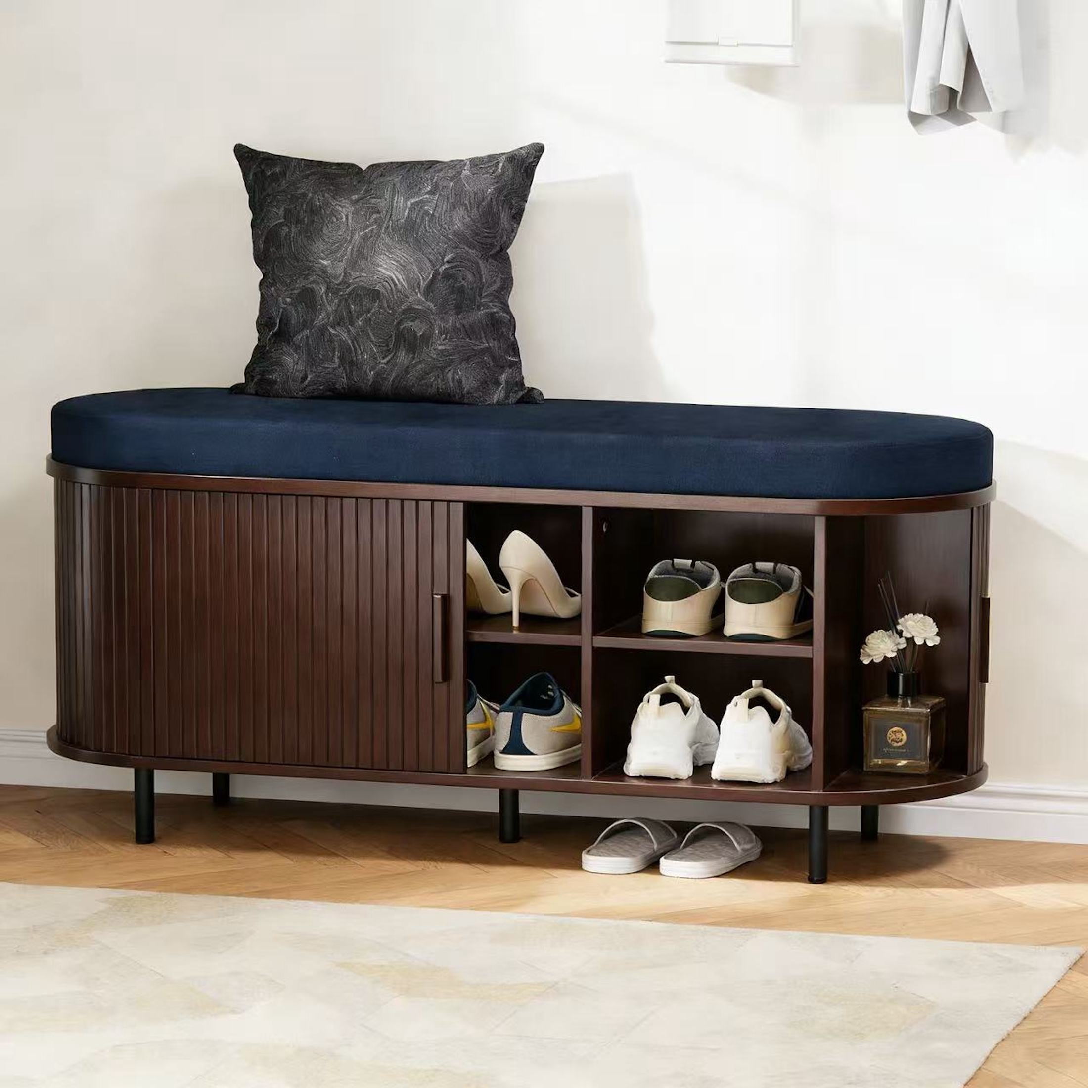Aisword 2-Tier Shoe Bench Storage with Sliding Door, Padded Cushion, Adjustable Shelf, Brown