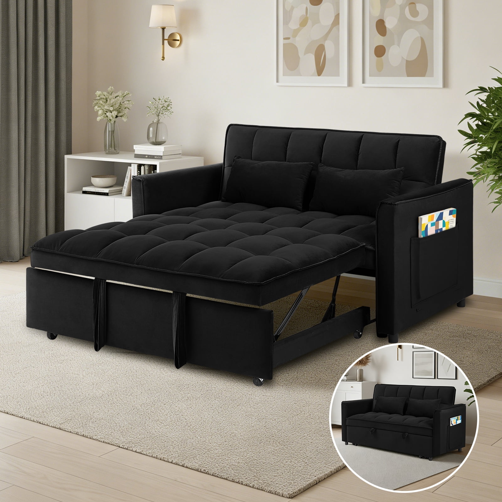 Aisword 3 in 1 Convertible Sleeper Sofa Bed, 55'' Loveseat Sleeper Sofa, Pull Out Couch Bed with Side Pocket & Adjustable Backrest for Living Room, Velvet Fabric, Black