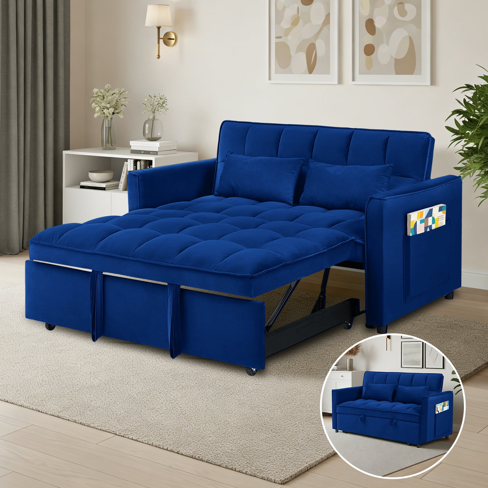 Aisword 3 in 1 Convertible Sleeper Sofa Bed, 55'' Loveseat Sleeper Sofa, Pull Out Couch Bed with Side Pocket & Adjustable Backrest for Living Room, Velvet Fabric, Blue