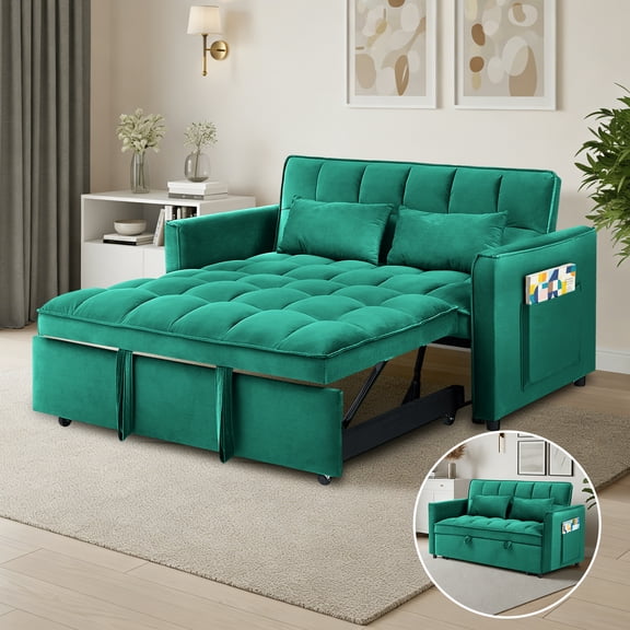Aisword 3 in 1 Convertible Sleeper Sofa Bed, 55'' Loveseat Sleeper Sofa, Pull Out Couch Bed with Side Pocket & Adjustable Backrest for Living Room, Velvet Fabric, Green