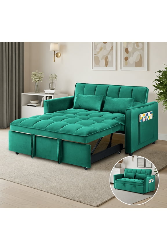 3 in 1 Convertible Sleeper Sofa Bed, 55'' Loveseat Sleeper Sofa, Pull Out Couch Bed with Side Pocket & Adjustable Backrest for Living Room, Velvet Fabric, Green