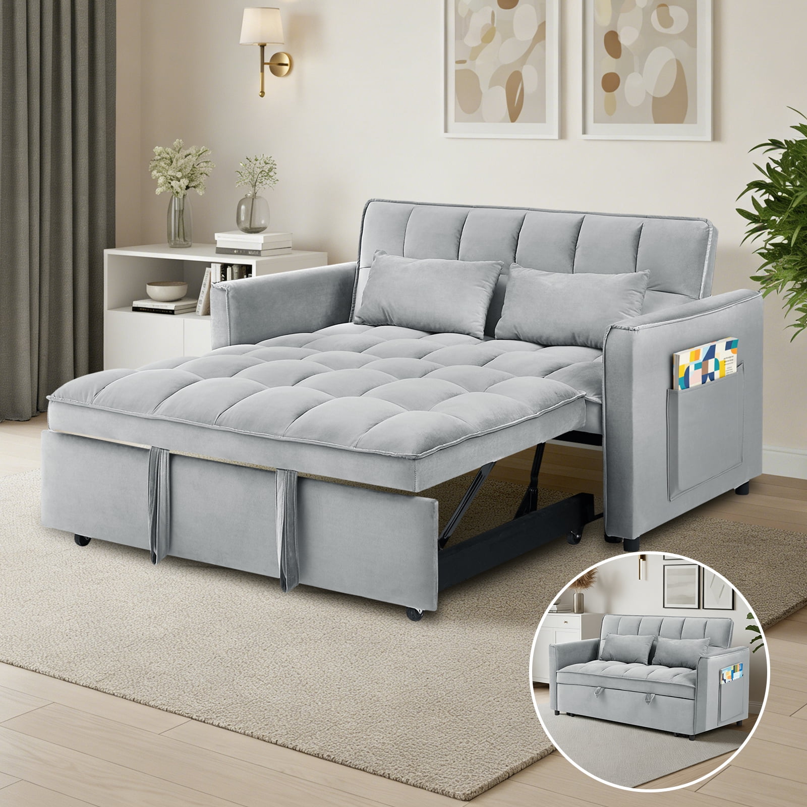 Aisword 3 in 1 Convertible Sleeper Sofa Bed, 55'' Loveseat Sleeper Sofa, Pull Out Couch Bed with Side Pocket & Adjustable Backrest for Living Room, Velvet Fabric, Light Gray