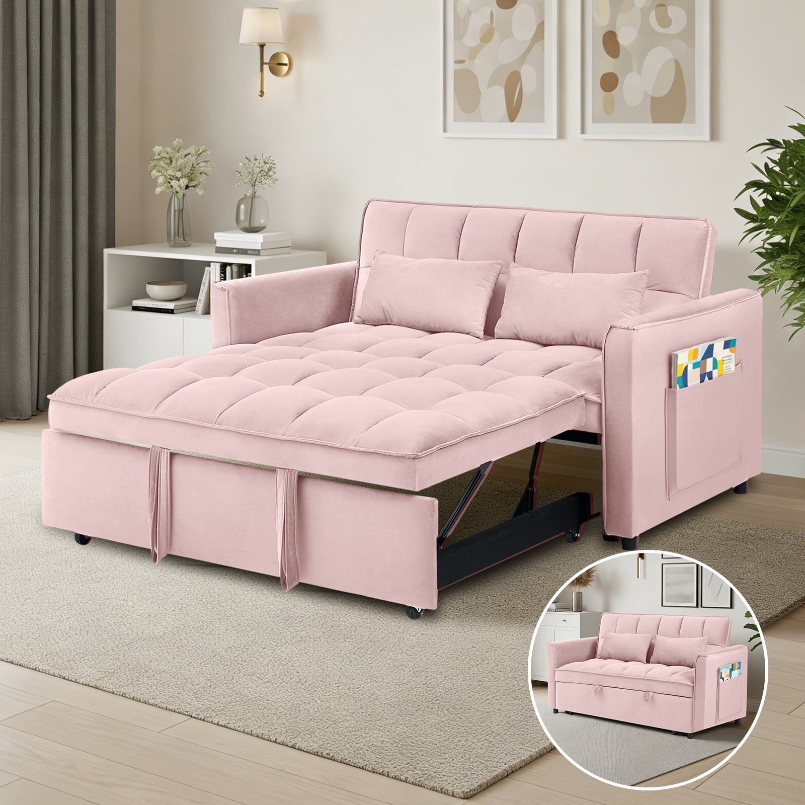 Aisword 3 in 1 Convertible Sleeper Sofa Bed, 55'' Loveseat Sleeper Sofa, Pull Out Couch Bed with Side Pocket & Adjustable Backrest for Living Room, Velvet Fabric, Pink