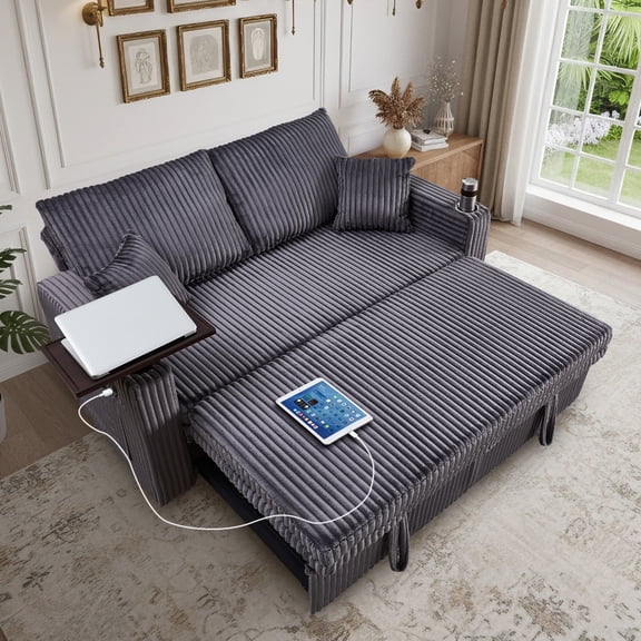 Aisword 3 in 1 Convertible Sofa Bed, 65” Sleeper Sofa with Pull Out Couch Bed, Corduroy Loveseat with 360° Swivel Side Table | USB Port | Adjustable Backrest for Living Room, Apartment (Deep Grey)