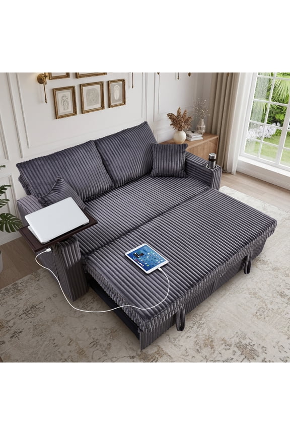 3 in 1 Convertible Sofa Bed, 65” Sleeper Sofa with Pull Out Couch Bed, Corduroy Loveseat with 360° Swivel Side Table | USB Port | Adjustable Backrest for Living Room, Apartment (Deep Grey)