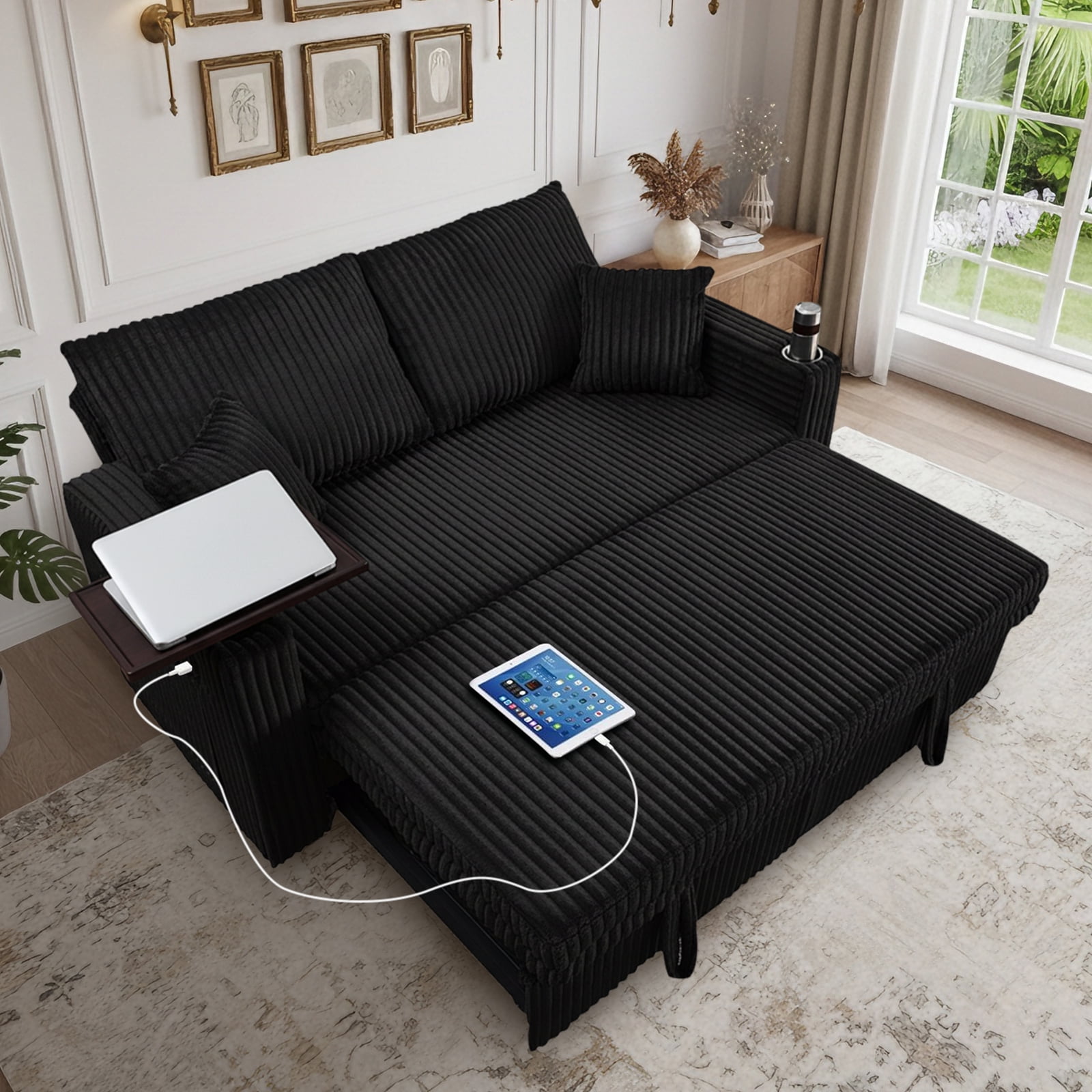 Aisword 3 in 1 Convertible Sofa Bed, 65” Sleeper Sofa with Pull Out Couch Bed, Corduroy Loveseat with 360° Swivel Side Table | USB Port | Adjustable Backrest for Living Room, Apartment (Black)
