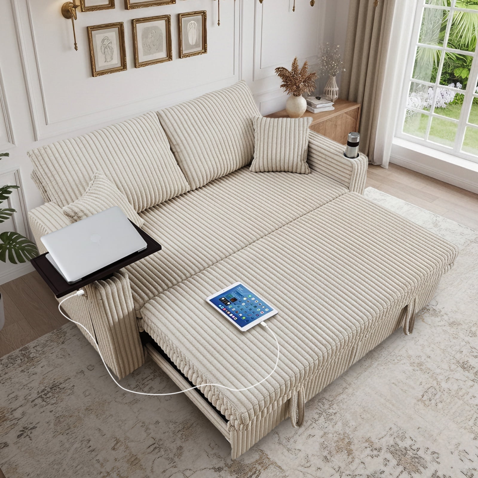 Aisword 3 in 1 Convertible Sofa Bed, 65” Sleeper Sofa with Pull Out Couch Bed, Corduroy Loveseat with 360° Swivel Side Table | USB Port | Adjustable Backrest for Living Room, Apartment (Light Grey)