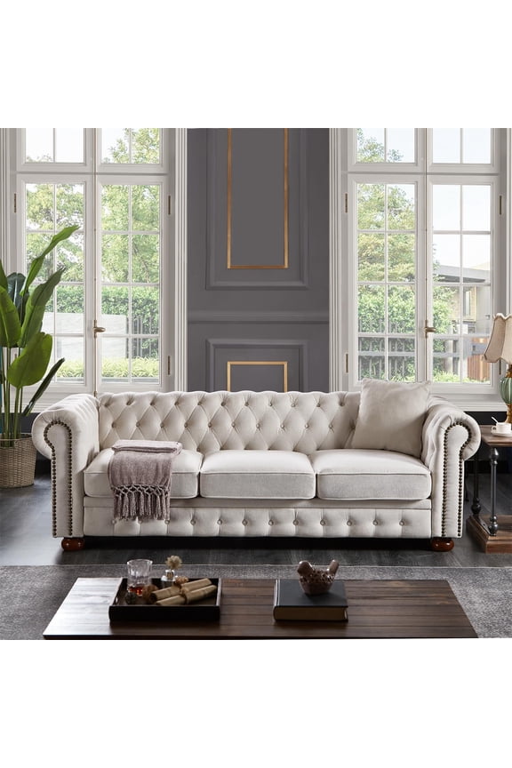 3-Seat Chesterfield Sofa, Button Tufted Linen Couch with Nailhead Trim, Solid Wood Legs, 6.5 Thick Cushions, Classic Upholstered Sofa for Living Room & Office, Beige