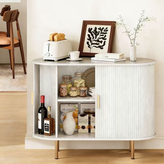 Aisword 40" White Sideboard with Tambour Sliding Doors & Adjustable Storage Shelf, Modern Fluted Accent Buffet Cabinet for Living Room