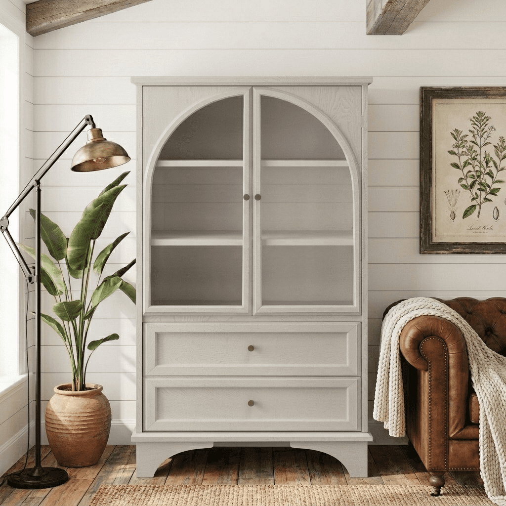 Aisword 52.17"H Arched Glass Door Curio Cabinet with 2 Drawers & Adjustable Shelf, Display Storage Cabinet for Living Room,Bedroom,Office,Vintage White