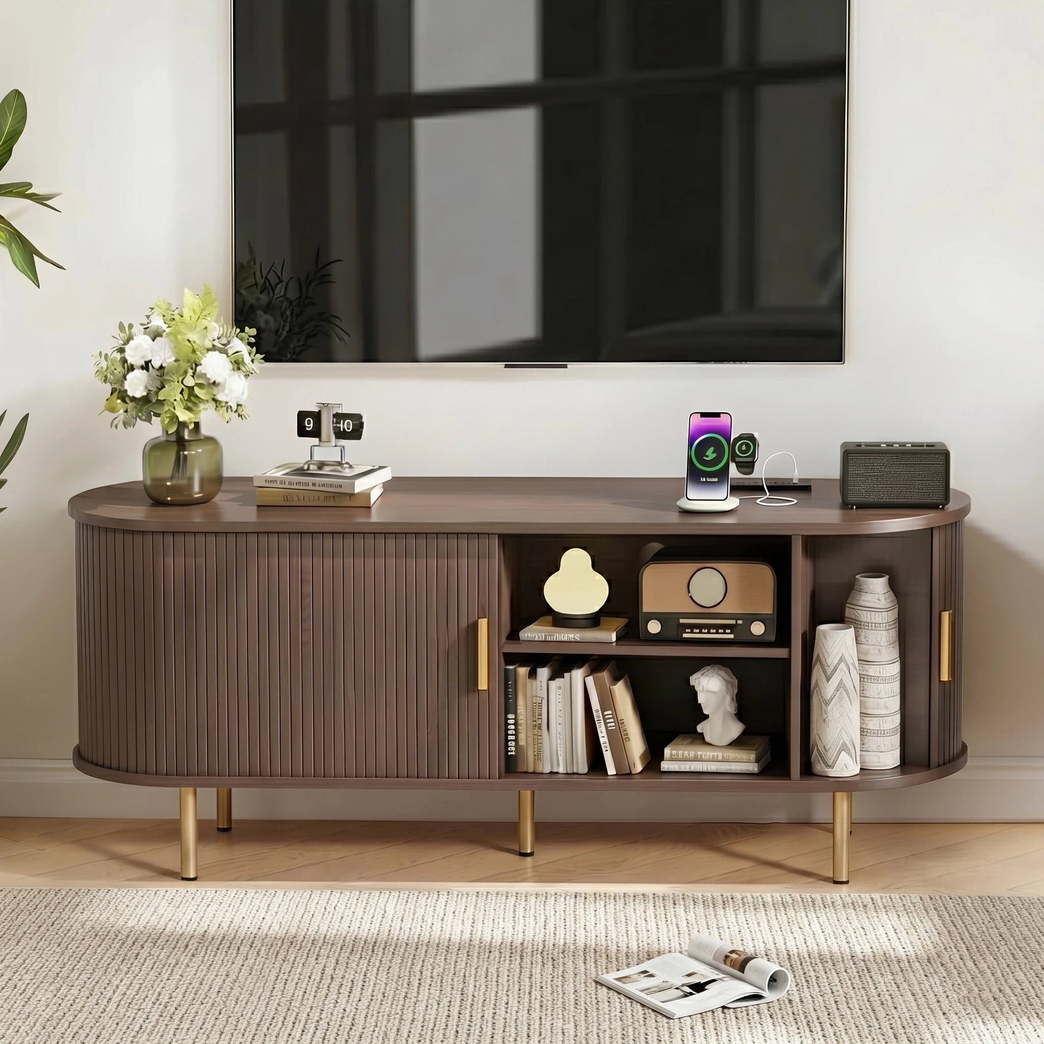 AISWORD 55 Inch TV Stand with Power Outlet for TVs up to 60 Inch, Entertainment Center with Storage and Adjustable Shelves, Media Console with Sliding Doors for Living Room, Brown