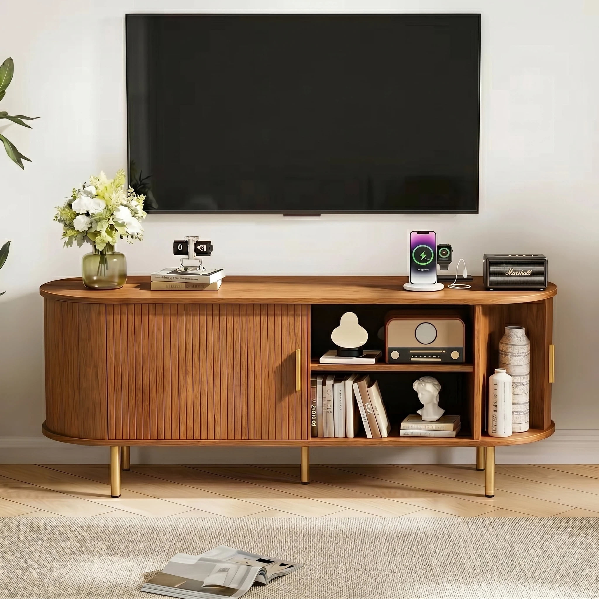 AISWORD 55 Inch TV Stand with Power Outlet for TVs up to 60 Inch, Entertainment Center with Storage and Adjustable Shelves, Media Console with Sliding Doors for Living Room, Yellow