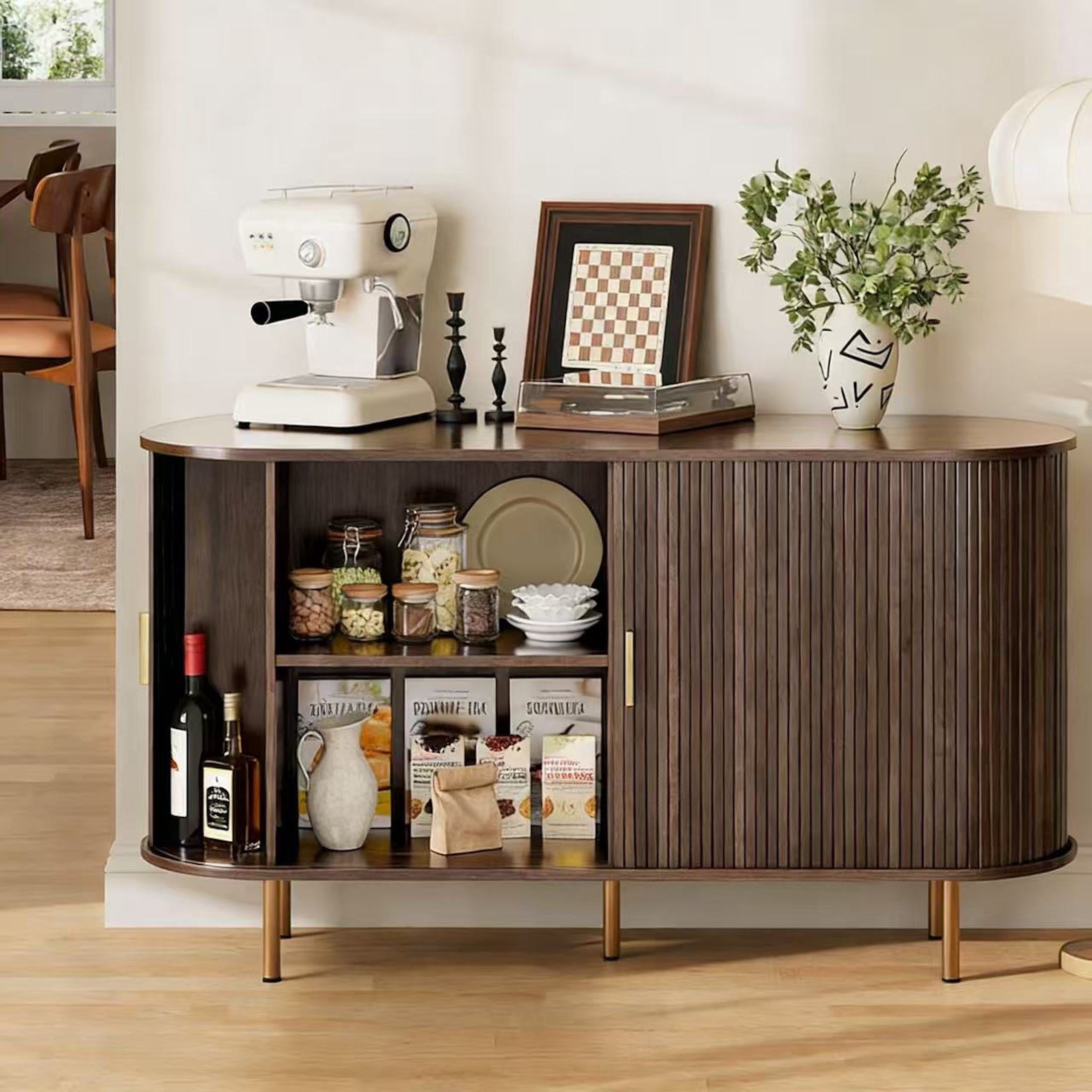 Aisword Sideboard Buffet Cabinet with Storage,Mid Century Modern Fluted Accent Coffee Bar Console Table,Tambour Sliding Doors& Adjustable Shelf for Kitchen, Living Room, Entryway, 55 Inch Dark Walnut