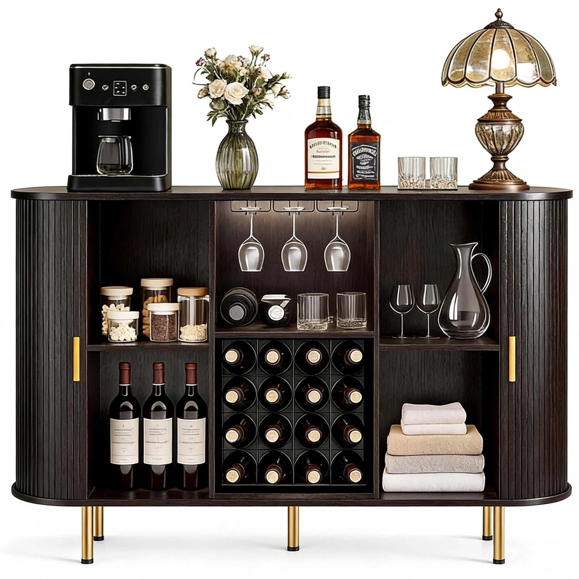 Aisword 55" Wine Bar Cabinet with Storage, Fluted Liquor Coffee Bar Cabinet with LED Lights, Buffet Sideboard, Brown