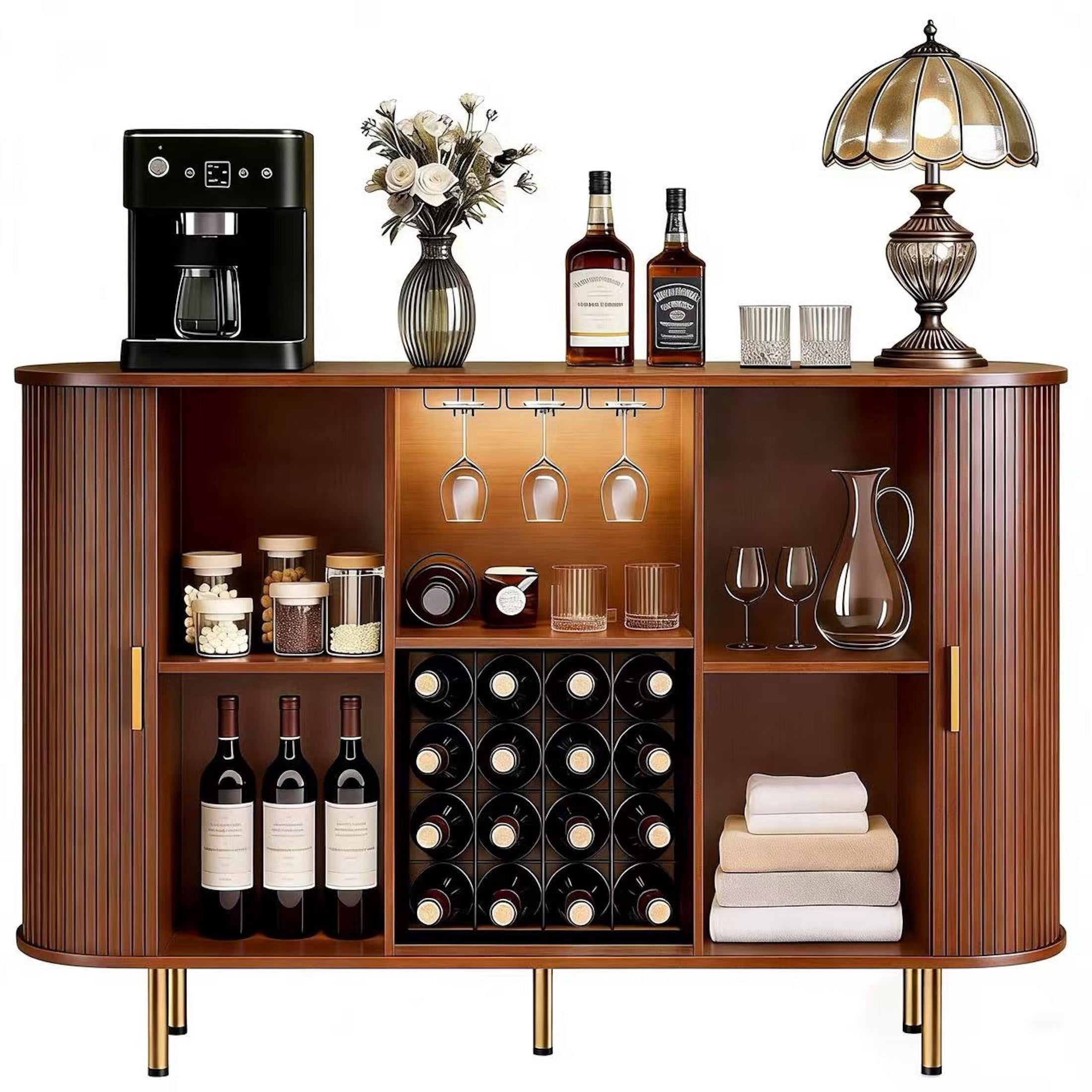 Aisword 55" Wine Bar Cabinet with Storage, Fluted Liquor Coffee Bar Cabinet with LED Lights, Buffet Sideboard, Walnut