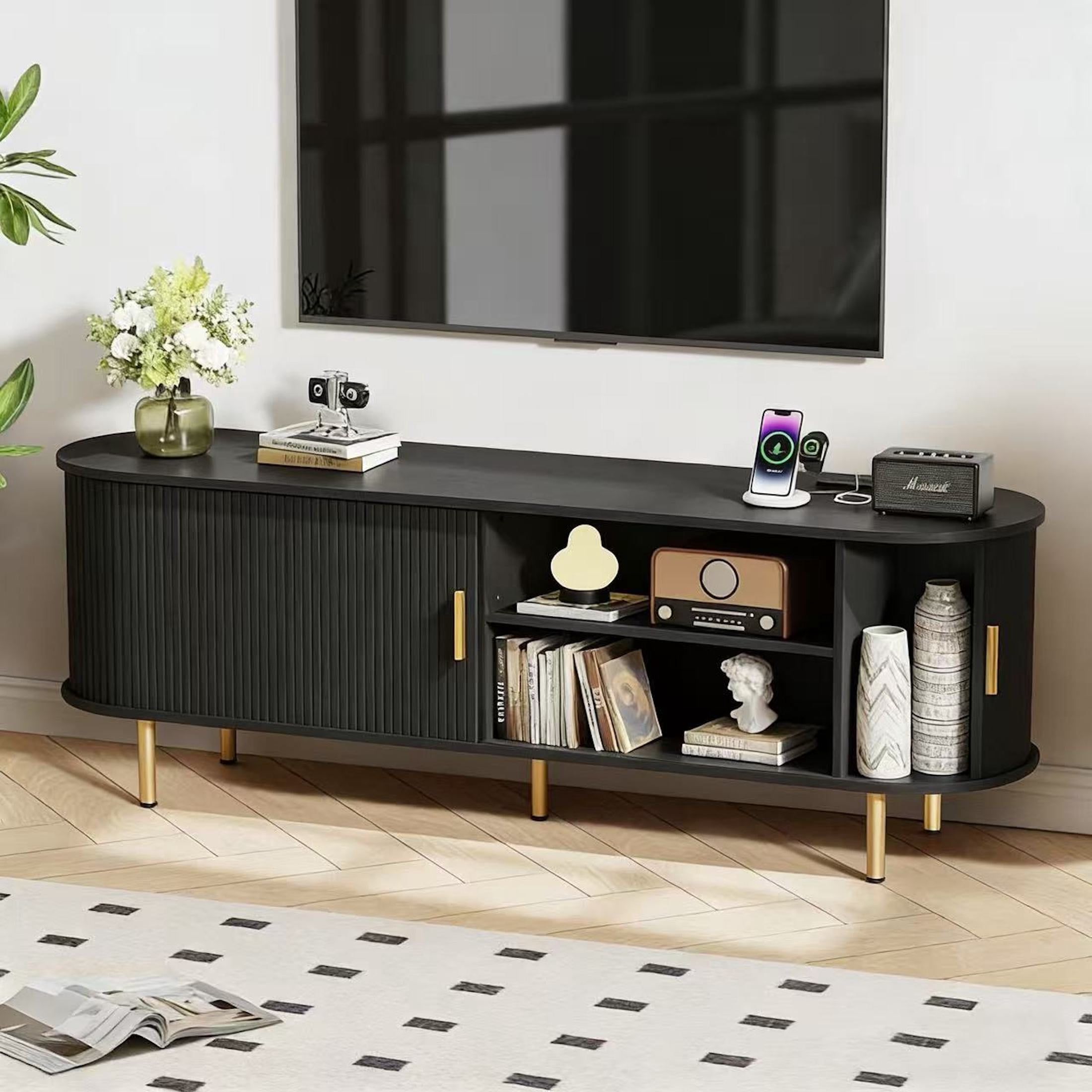 Aisword 63 Inch TV Stand with Power Outlet for TVs up to 70 Inch, Entertainment Center with Storage and Adjustable Shelves, Media Console with Sliding Doors for Living Room, Black