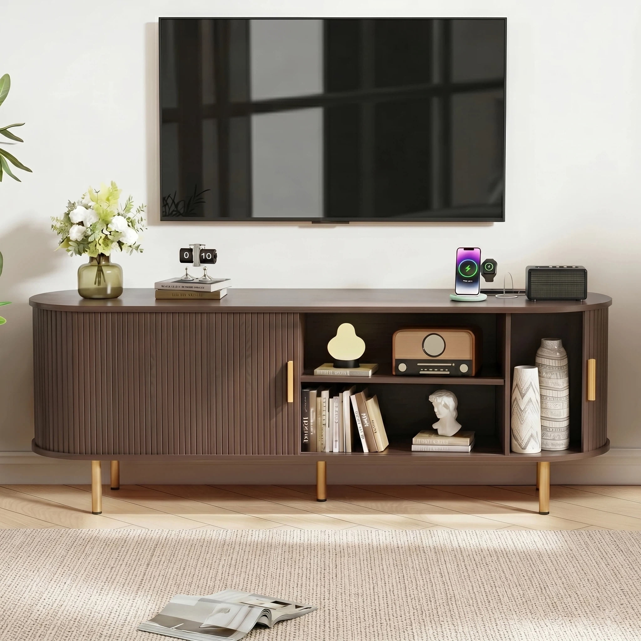AISWORD 63 Inch TV Stand with Power Outlet for TVs up to 70 Inch, Entertainment Center with Storage and Adjustable Shelves, Media Console with Sliding Doors for Living Room, Brown
