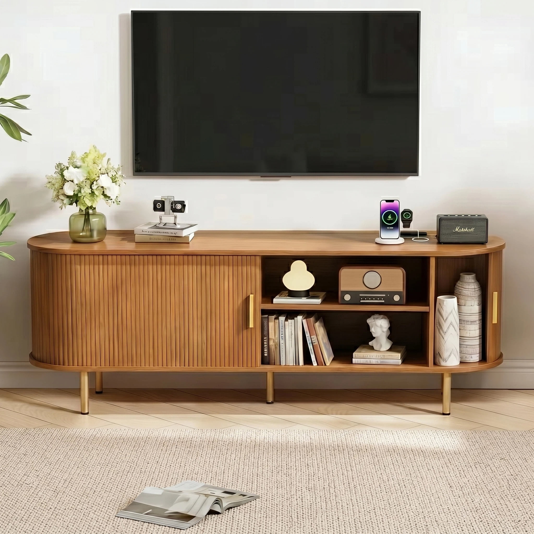AISWORD 63 Inch TV Stand with Power Outlet for TVs up to 70 Inch, Entertainment Center with Storage and Adjustable Shelves, Media Console with Sliding Doors for Living Room, Yellow