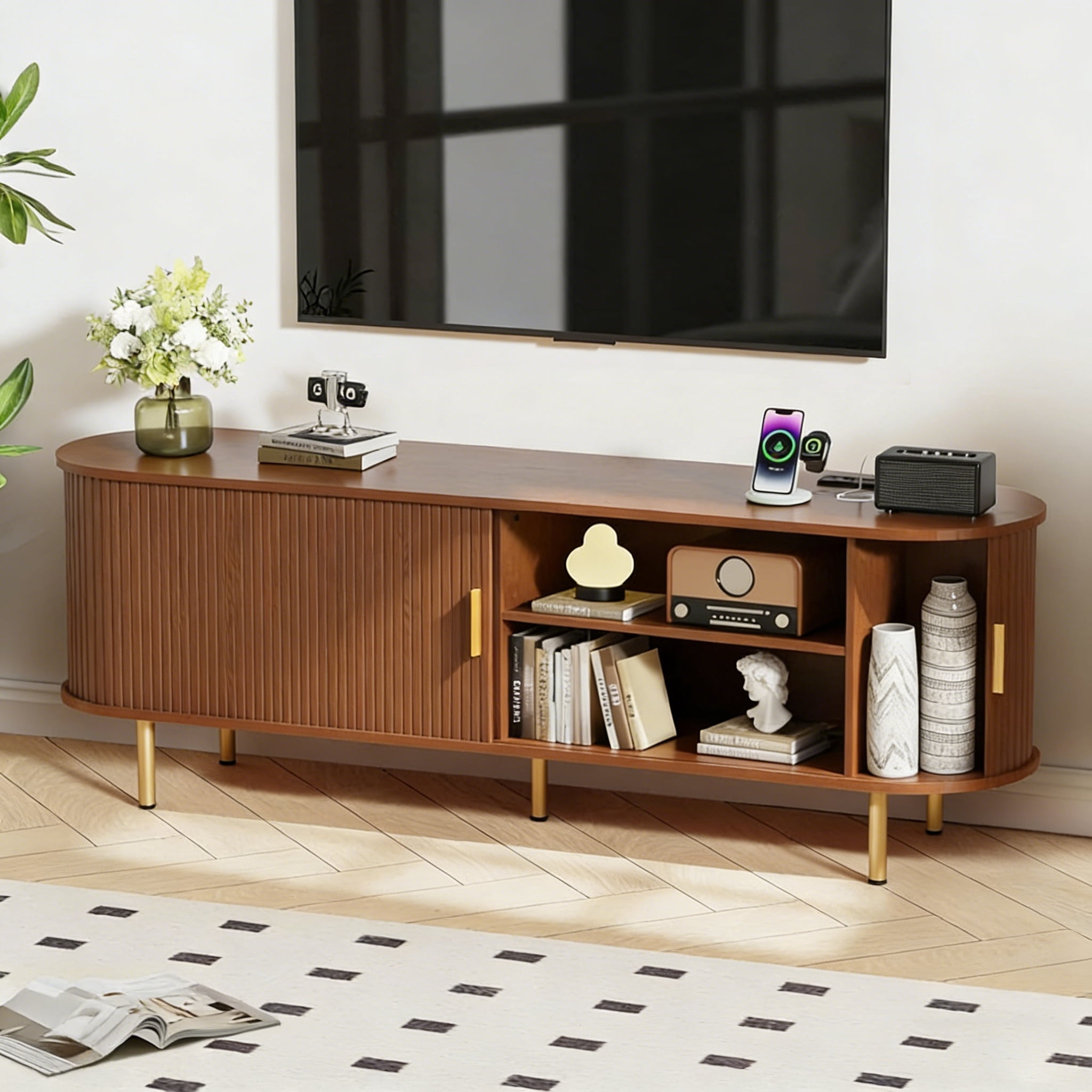Aisword 63 Inch TV Stand with Power Outlet for TVs up to 70 Inch, Entertainment Center with Storage and Adjustable Shelves, Media Console with Sliding Doors for Living Room, Walnut