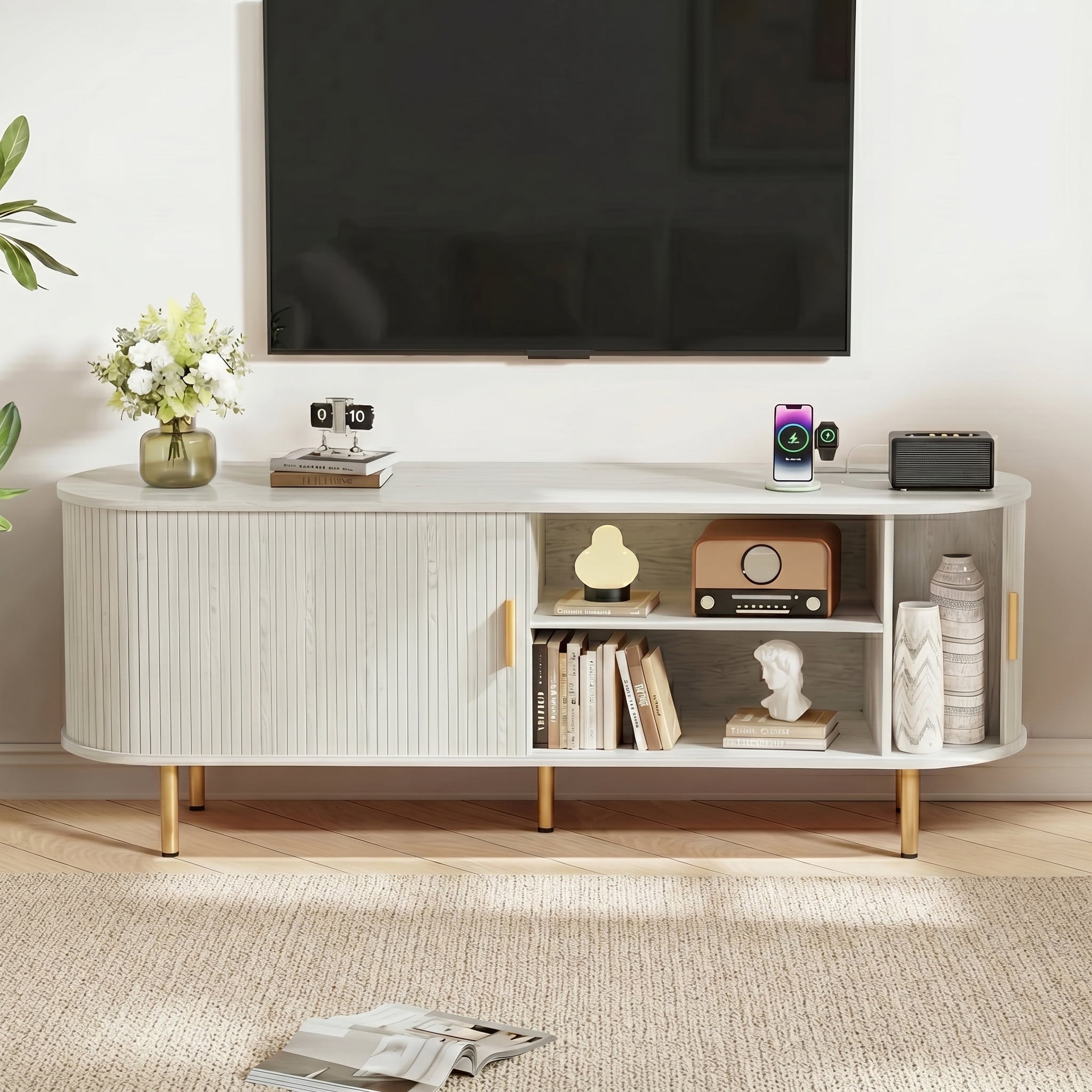 AISWORD 63 Inch TV Stand with Power Outlet for TVs up to 70 Inch, Entertainment Center with Storage and Adjustable Shelves, Media Console with Sliding Doors for Living Room, White