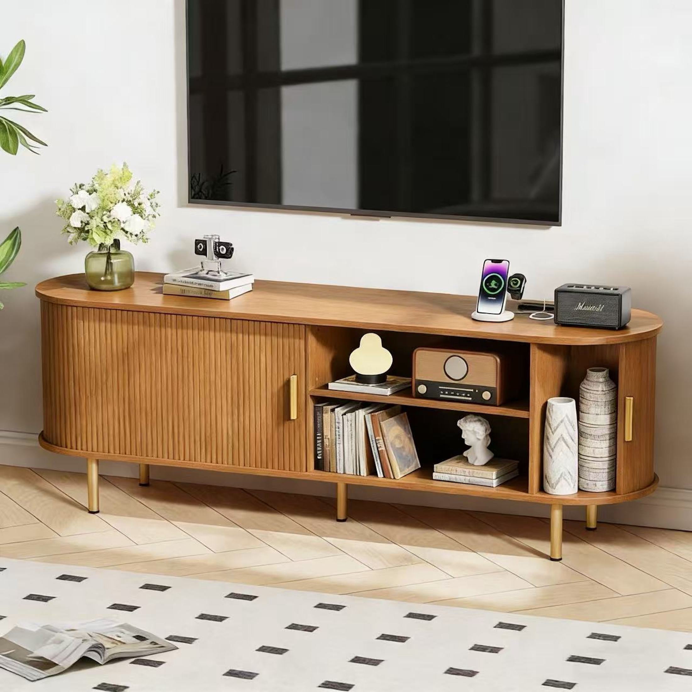 Aisword 63 Inch TV Stand with Power Outlet for TVs up to 70 Inch, Entertainment Center with Storage and Adjustable Shelves, Media Console with Sliding Doors for Living Room, Yellow