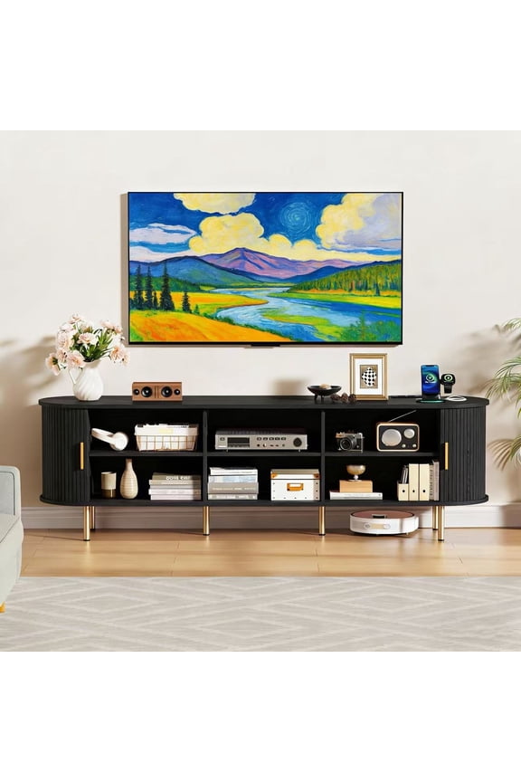 71 Inch TV Stand with Power Outlet for TVs up to 80 Inch, Entertainment Center with Storage and Adjustable Shelves, Media Console with Sliding Doors for Living Room, Black