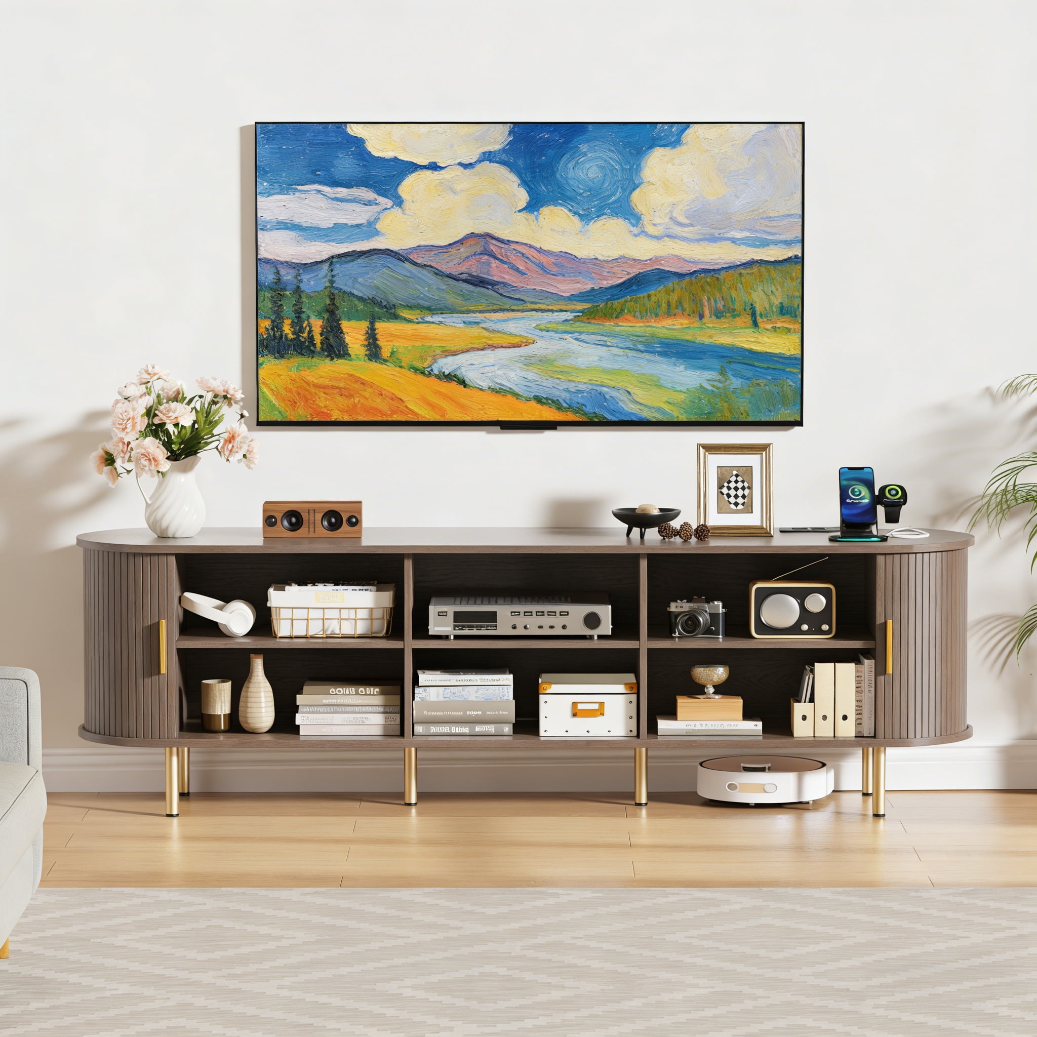 AISWORD 71 Inch TV Stand with Power Outlet for TVs up to 80 Inch, Entertainment Center with Storage and Adjustable Shelves, Media Console with Sliding Doors for Living Room, Brown