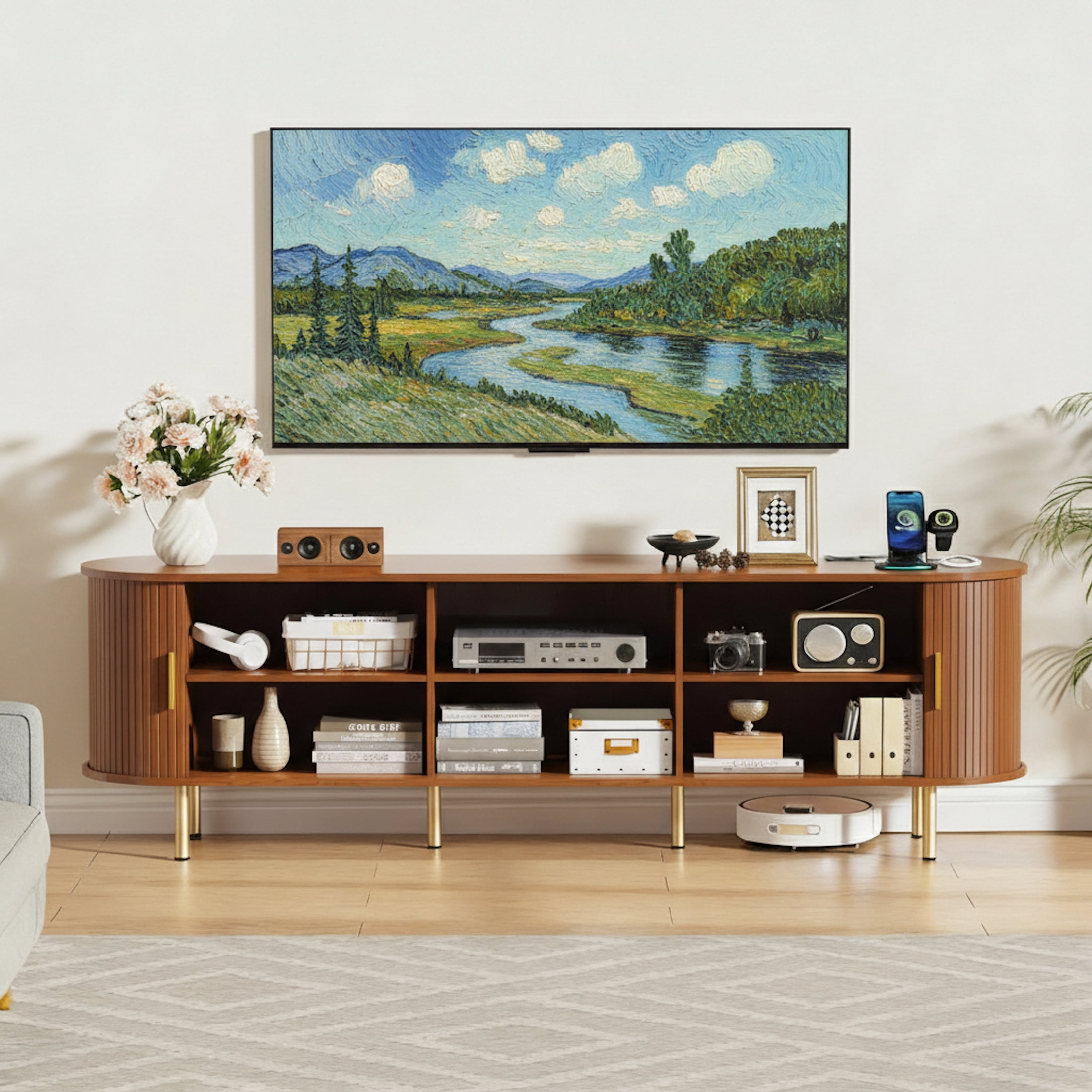 Aisword 71 Inch TV Stand with Power Outlet for TVs up to 80 Inch, Entertainment Center with Storage and Adjustable Shelves, Media Console with Sliding Doors for Living Room, Walnut
