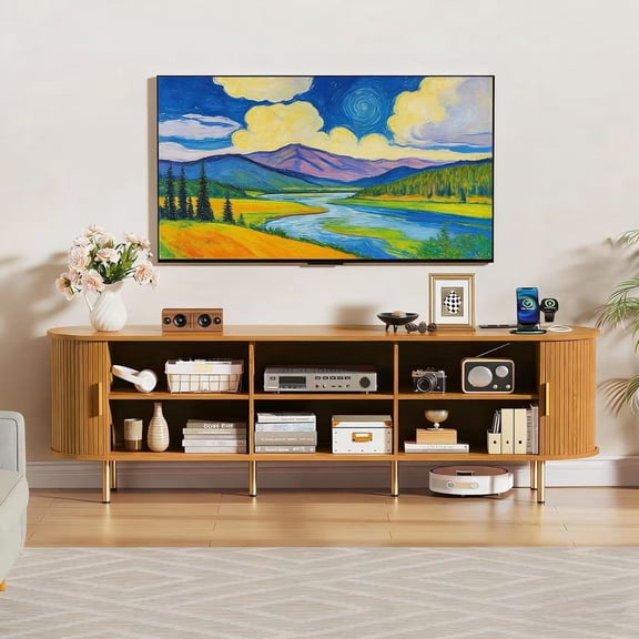 Aisword 71 Inch TV Stand with Power Outlet for TVs up to 80 Inch, Entertainment Center with Storage and Adjustable Shelves, Media Console with Sliding Doors for Living Room, Yellow