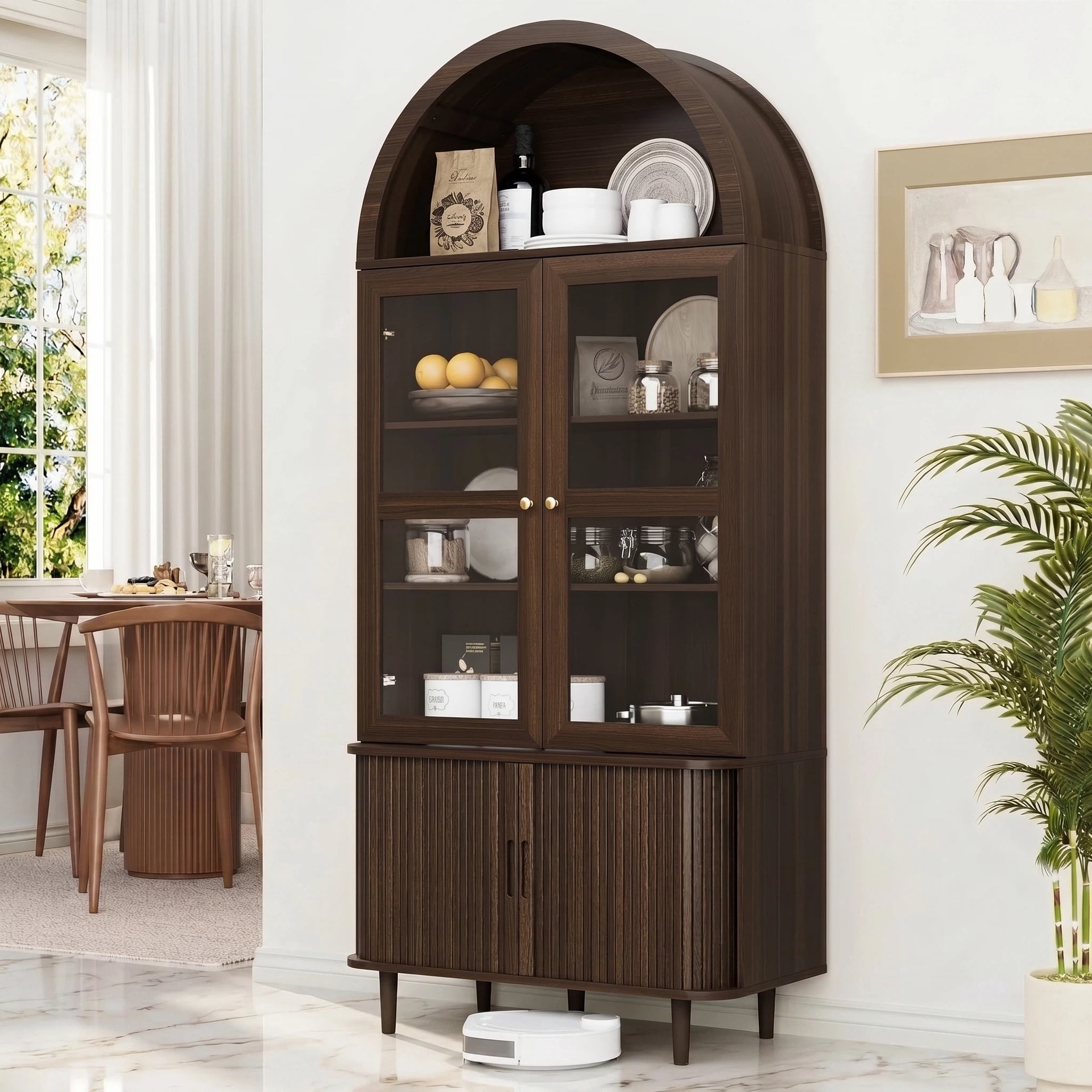 Aisword 71" Tall Arched Bookcases, 5-Tier Modern Farmhouse Bookshelf with Adjustable Shelves & Sliding Doors, Wood Display Storage Cabinet for Living Room, Office, Brown Withdoors