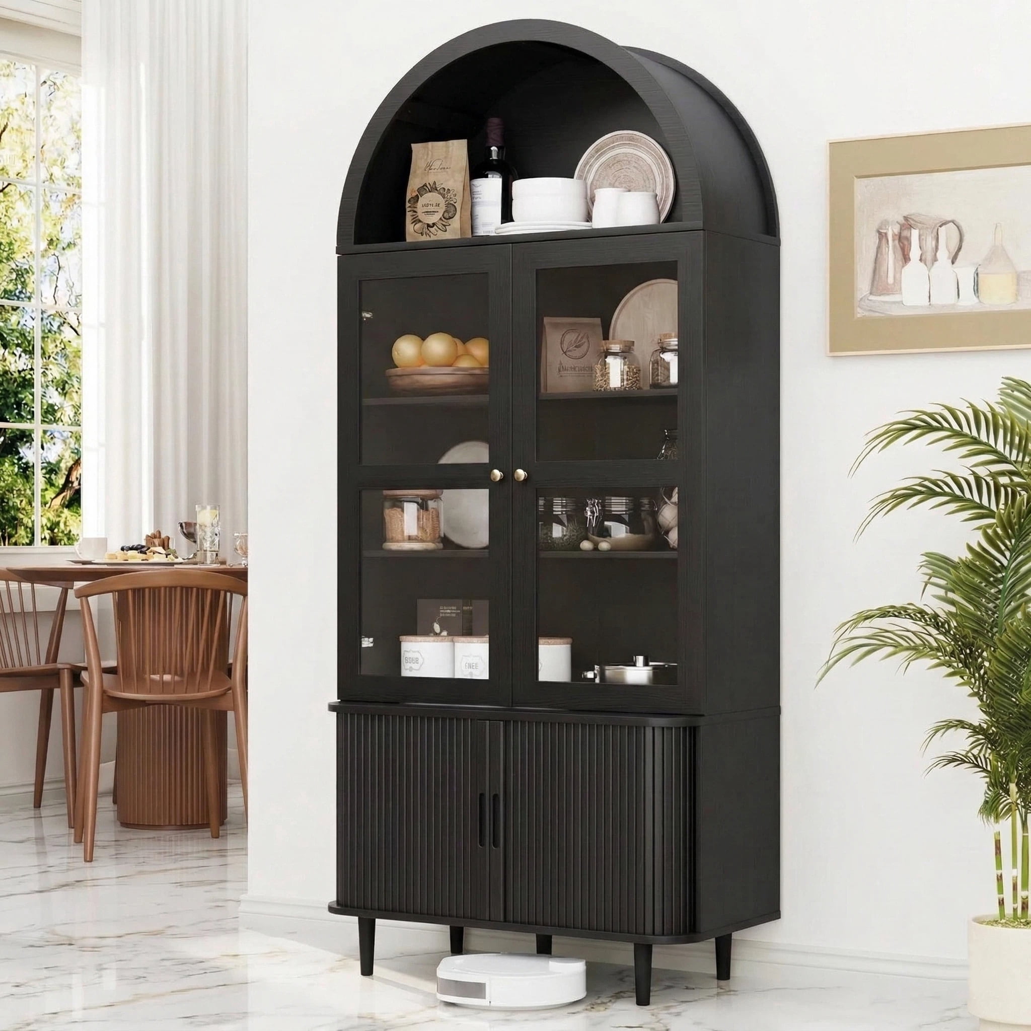 Aisword 71" Tall Arched Bookcases, 5-Tier Modern Farmhouse Bookshelf with Adjustable Shelves & Sliding Doors, Wood Display Storage Cabinet for Living Room, Office, Black Withdoors