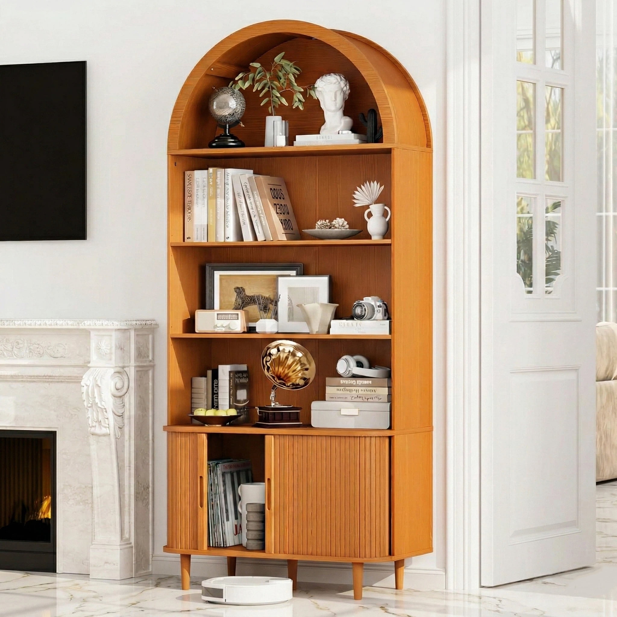 Aisword 71" Tall Arched Bookcases, 5-Tier Modern Farmhouse Bookshelf with Adjustable Shelves & Sliding Doors, Wood Display Storage Cabinet for Living Room, Office, Yellow