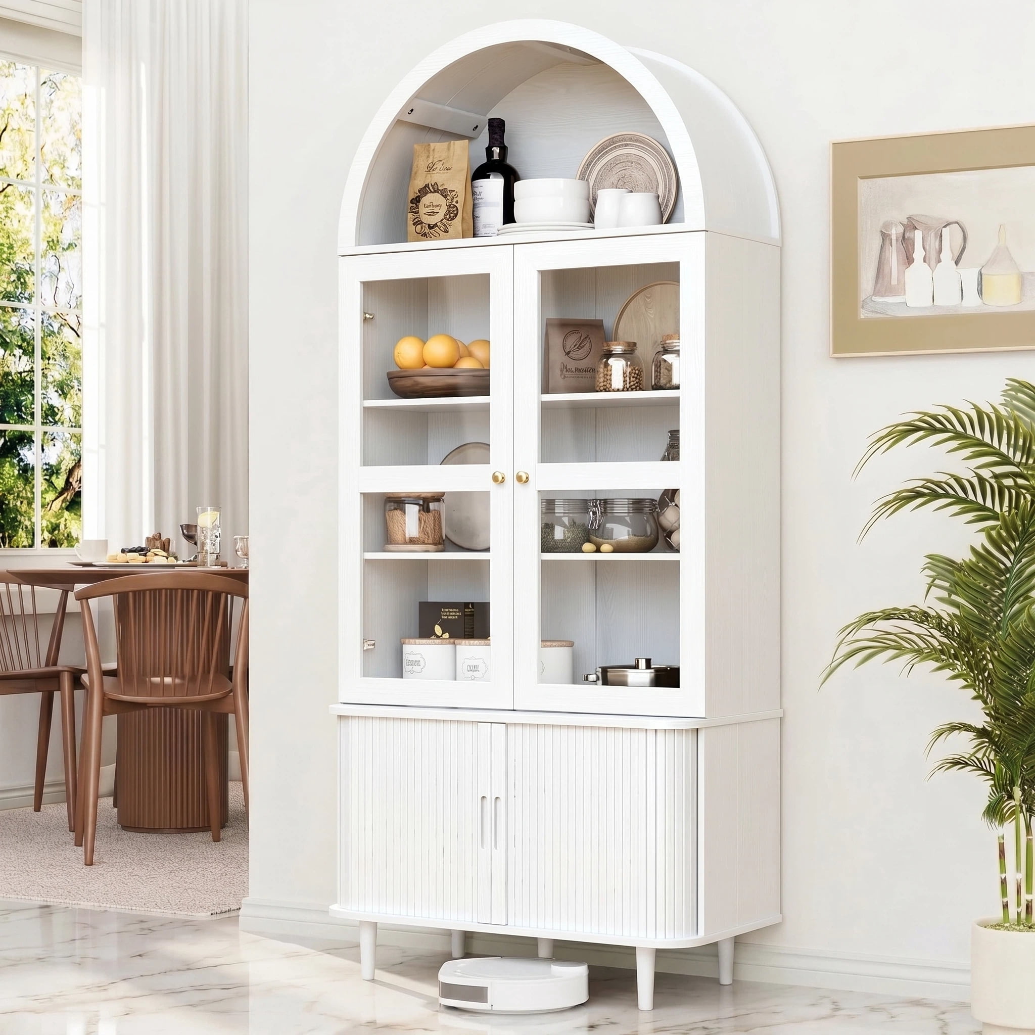 Aisword 71" Tall Arched Bookcases, 5-Tier Modern Farmhouse Bookshelf with Adjustable Shelves & Sliding Doors, Wood Display Storage Cabinet for Living Room, Office, White Withdoors