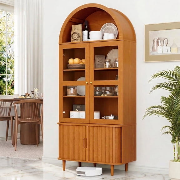 Aisword 71" Tall Arched Bookcases, 5-Tier Modern Farmhouse Bookshelf with Adjustable Shelves & Sliding Doors, Wood Display Storage Cabinet for Living Room, Office, Yellow Withdoors