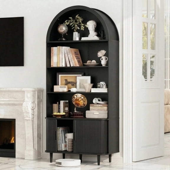 Aisword 71" Tall Arched Bookcases, 5-Tier Modern Farmhouse Bookshelf with Adjustable Shelves & Sliding Doors, Wood Display Storage Cabinet for Living Room, Office, Black