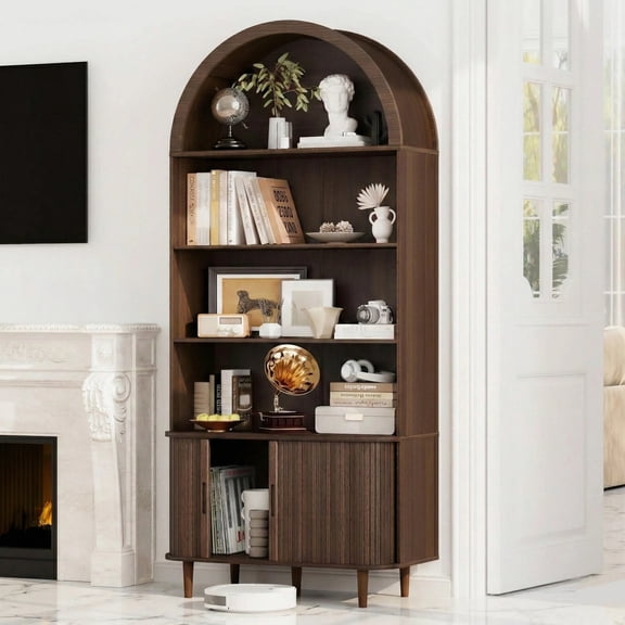 Aisword 71" Tall Arched Bookcases, 5-Tier Modern Farmhouse Bookshelf with Adjustable Shelves & Sliding Doors, Wood Display Storage Cabinet for Living Room, Office, Brown