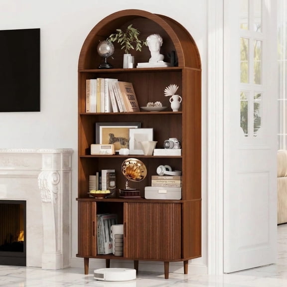 Aisword 71" Tall Arched Bookcases, 5-Tier Modern Farmhouse Bookshelf with Adjustable Shelves & Sliding Doors, Wood Display Storage Cabinet for Living Room, Office, Walnut