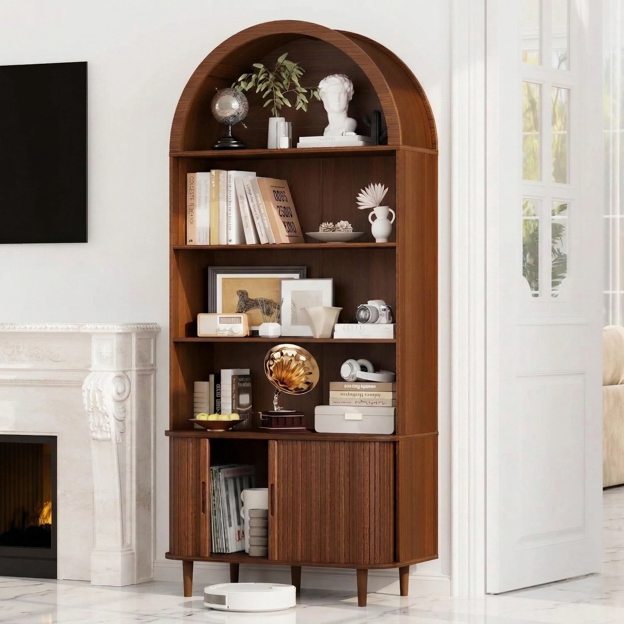 Aisword 71" Tall Arched Bookcases, 5-Tier Modern Farmhouse Bookshelf with Adjustable Shelves & Sliding Doors, Wood Display Storage Cabinet for Living Room, Office, Walnut