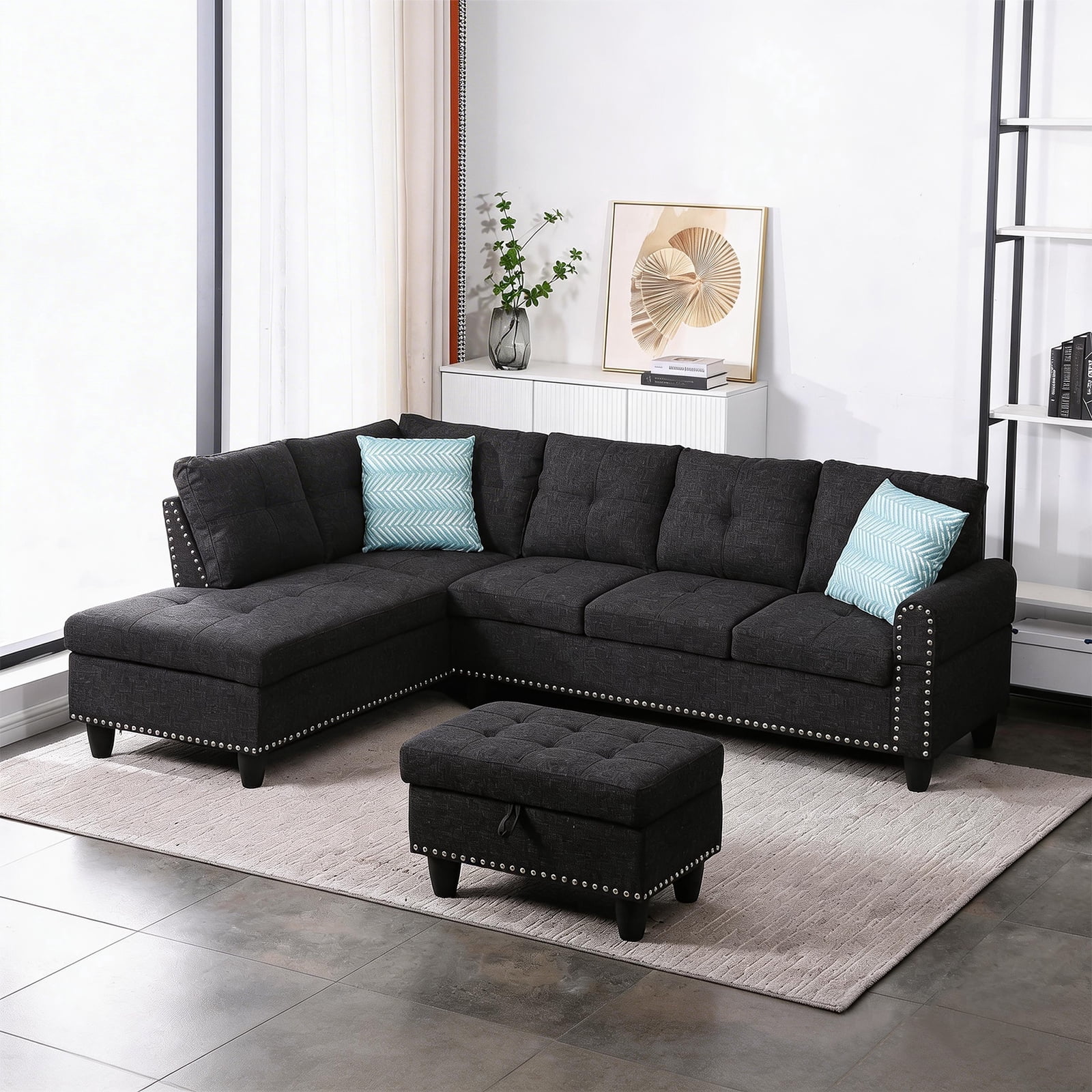 Dreamzie Flippable Backrest Sectional Sofa Set, L-Shaped Linen Modular Sectional Couches for Living Room, Apartment, Storage Ottoman,Charcoal Grey