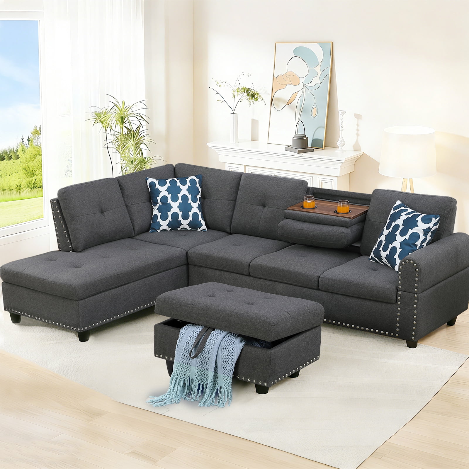 Dreamzie Flippable Backrest Sectional Sofa Set, L-Shaped Linen Modular Sectional Couches for Living Room, Apartment, Storage Ottoman,Dark Gray