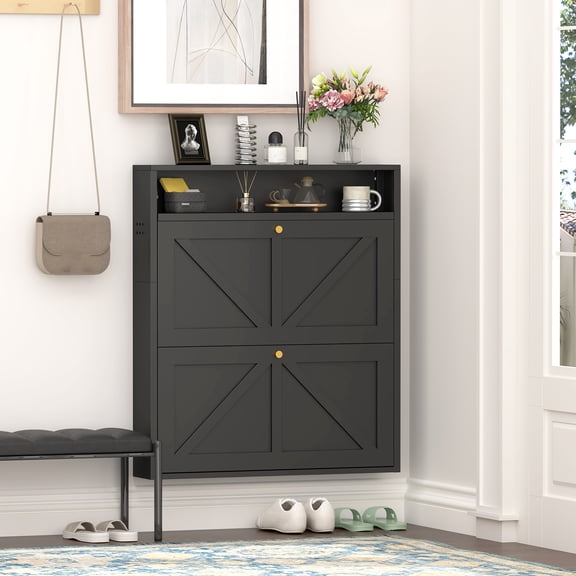 Aisword Modern Metal Shoe Cabinet with 2 Flip Drawers & Open Shelf,Narrow Slim Wall-Mounted Hidden Shoe Organizer Shoe Rack for Entryway,Black